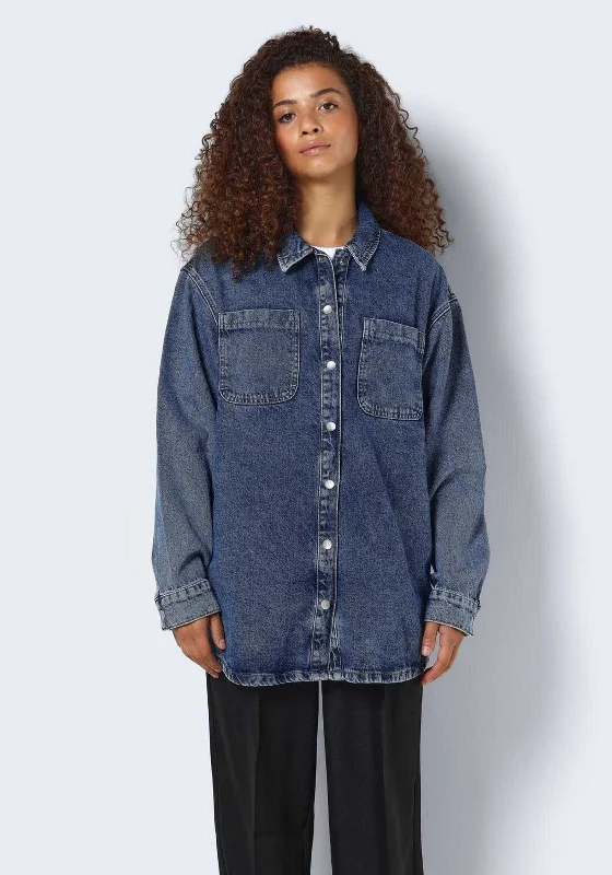 Noisy May Alva Denim Shacket, Medium Blue Denim Stretchy Fitted Blouse
