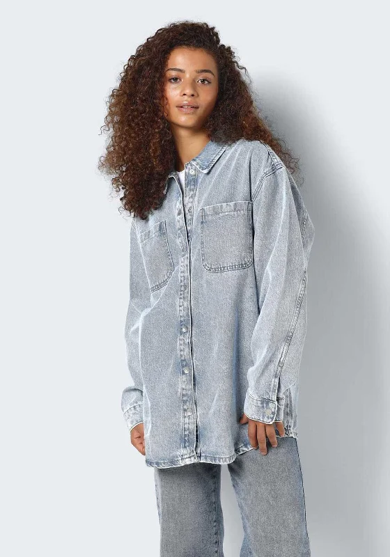 Noisy May Alva Denim Shacket, Light Blue Denim Elegant Semi-Sheer Blouse