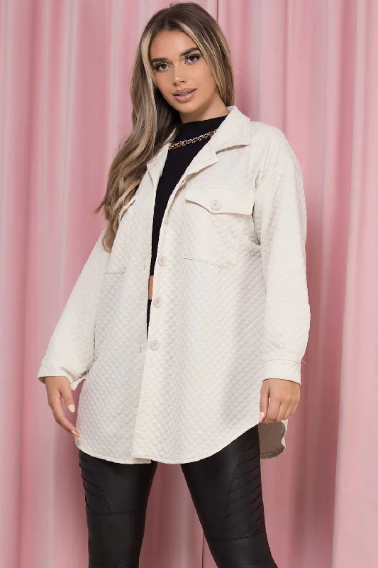 Oversized Beige Shacket Quilted Ruffled Neck Blouse