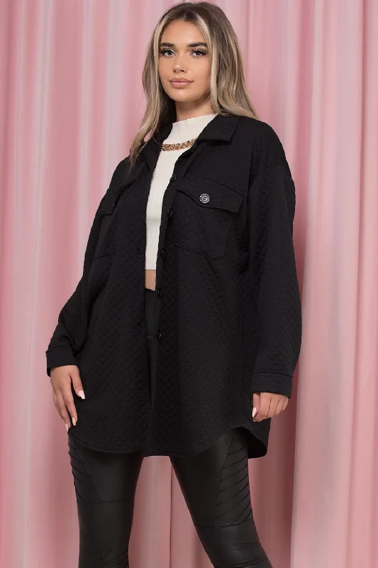 Oversized Shacket Quilted Black Pleated Collar Blouse