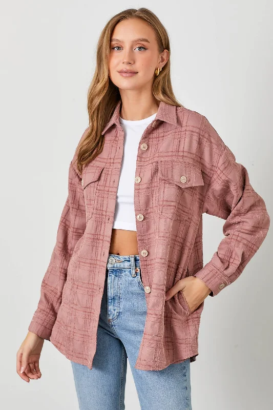 Mauve Plaid Textured Woven Shacket Pastel Color Blouse