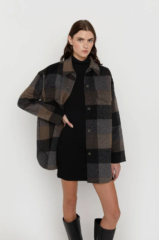 PLAID WOOL BLEND SHACKET Puff Sleeve Blouse
