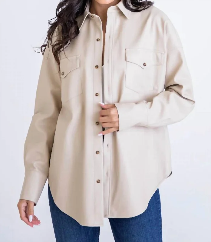 Pleather Shacket In Ivory Relaxed Fit Blouse