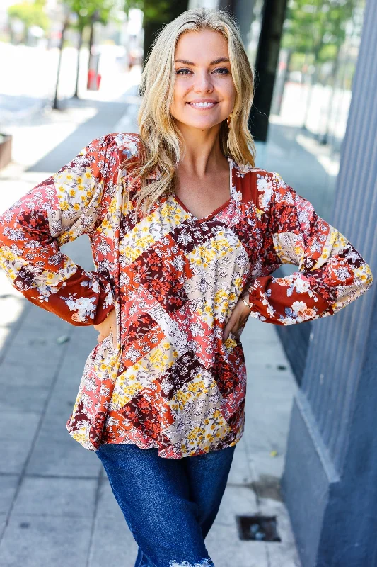 Rust Harvest Floral Patchwork V Neck Blouse (Open Pack) Mandarin Collar Blouse