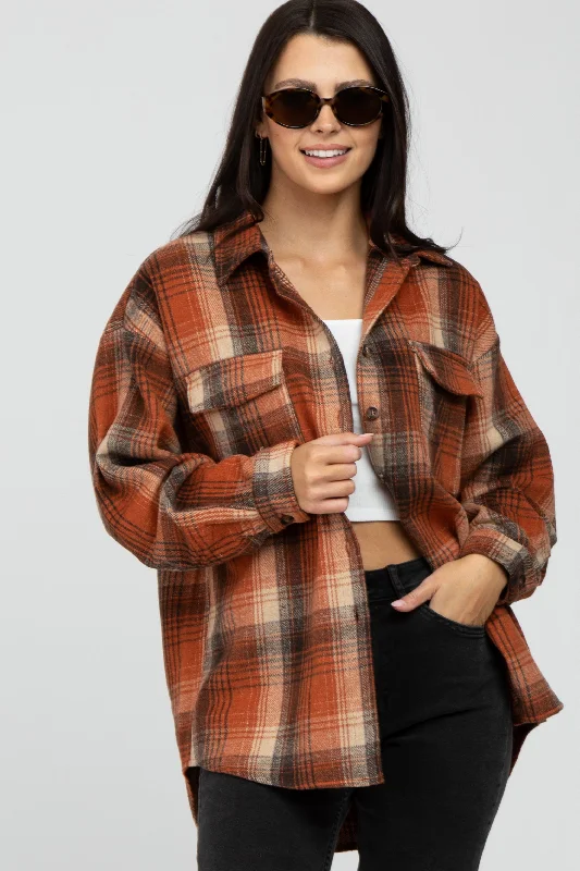 Rust Plaid Shacket Puff Sleeve Blouse