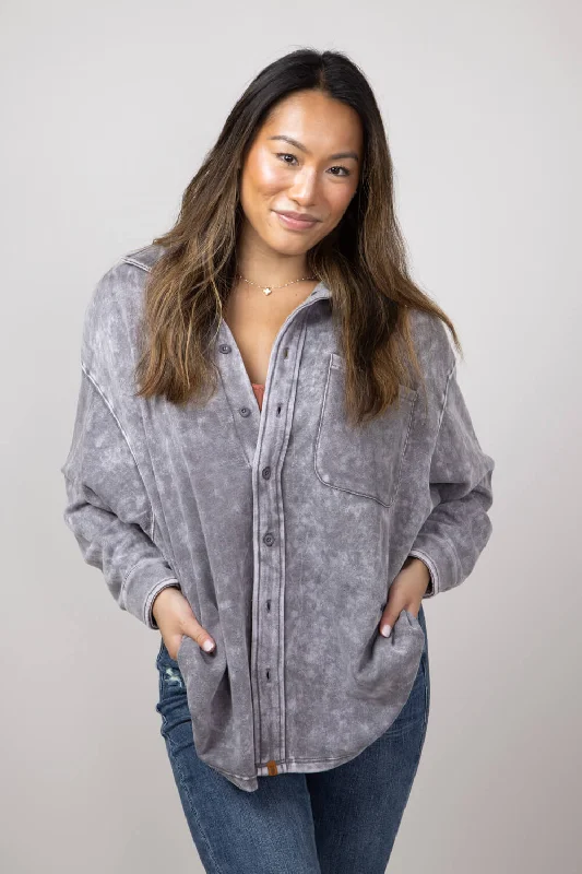 Simply Southern Solid Acid Wash Shacket for Women in Lead | PP-0224-SHKT-ACID-LEAD Peter Pan Collar Blouse Simply Southern Solid Acid Wash Shacket for Women in Lead | PP-0224-SHKT-ACID-LEAD Peter Pan Collar Blouse