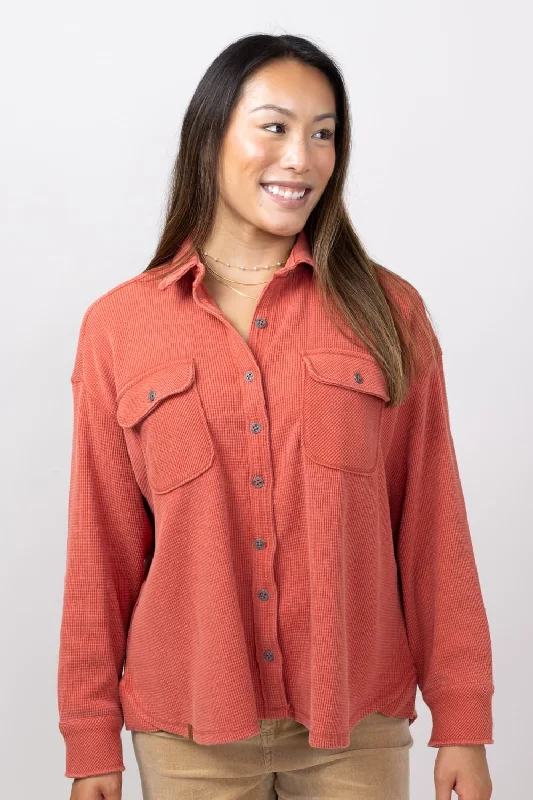 Simply Southern Waffle Knit Shacket for Women in Rust | PP-0224-SHKT-WAFFLE-RUST Sweetheart Neck Blouse Simply Southern Waffle Knit Shacket for Women in Rust | PP-0224-SHKT-WAFFLE-RUST Sweetheart Neck Blouse