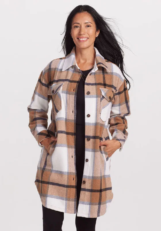 Sutton Shacket - Camel Plaid Gathered Detail Blouse