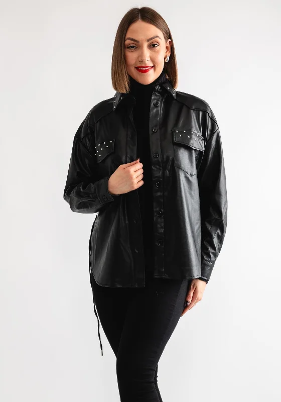 Tiffosi Jack Studded Faux Leather Shacket, Black Floral Print Blouse