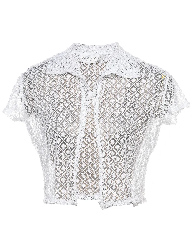 White Short-Sleeve Lace Sheer Y2K Blouse - M Gathered Detail Blouse