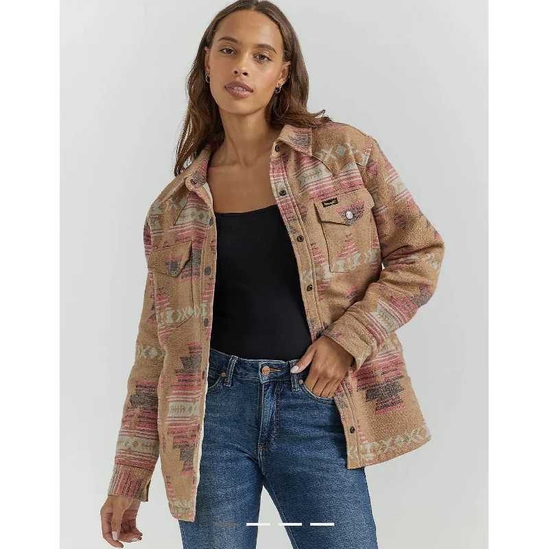 WOMEN'S WRANGLER SOUTHWESTERN PRINT SHACKET IN DUNE Feminine Ruffle Blouse