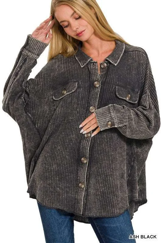 Acid Wash Oversized Cotton Waffle Shacket Double Button Blouse