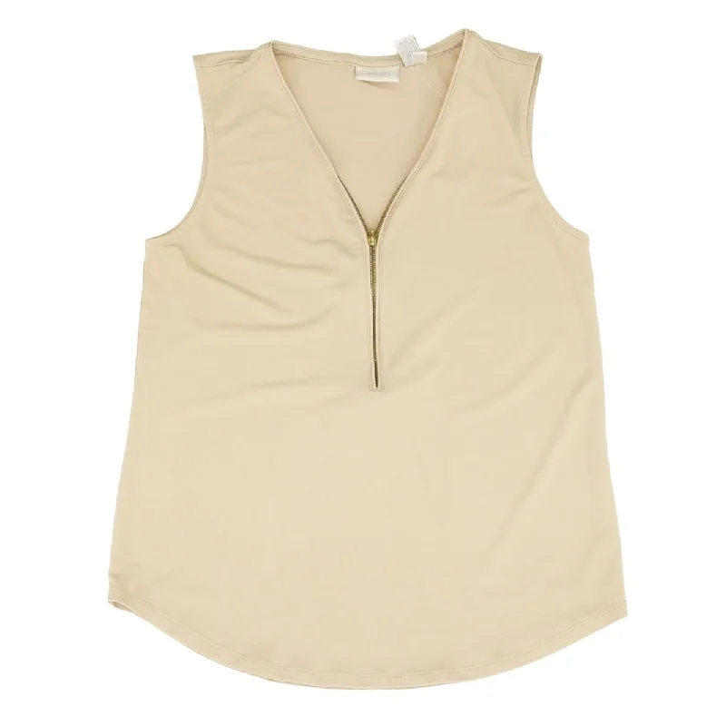 Beige Solid Sleeveless Blouse Ruffled Neck Blouse