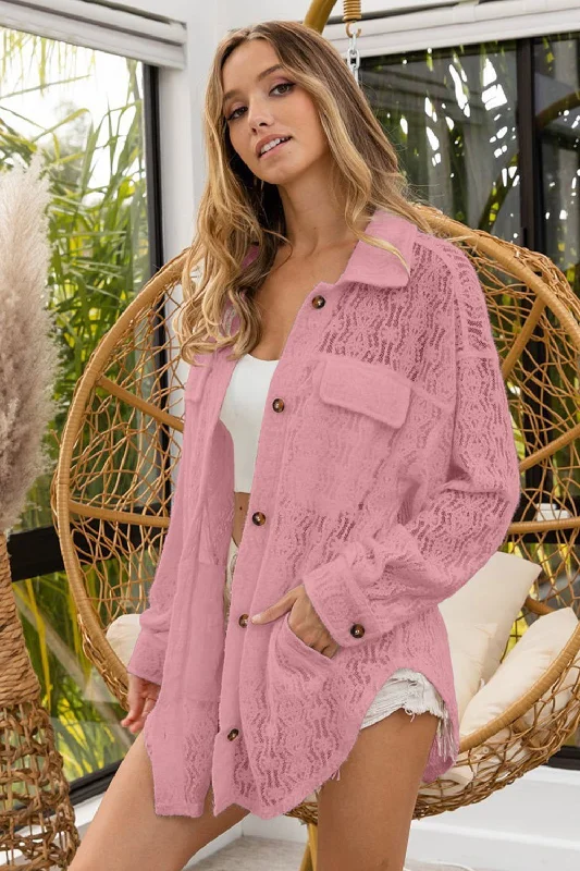 BiBi Oversized Lace Shacket with Front Pockets Modern Work Blouse