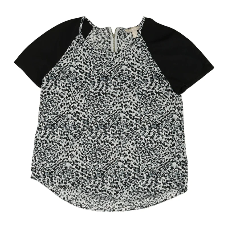 Black Animal Print Short Sleeve Blouse Oversized Silk Blouse