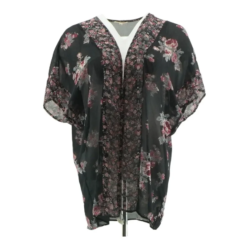 Black Floral Short Sleeve Blouse Collared Satin Blouse