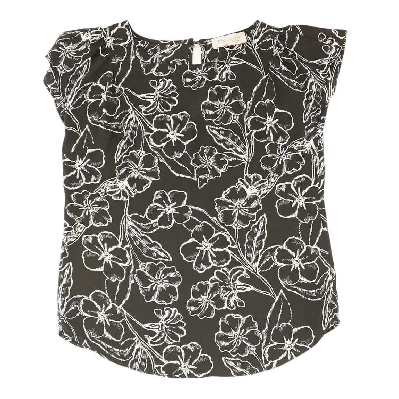 Black Floral Short Sleeve Blouse Satin Long Blouse