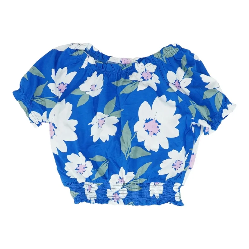 Blue Floral Short Sleeve Blouse Double Button Blouse