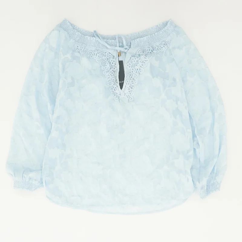 Blue Solid Long Sleeve Blouse Casual Button Blouse