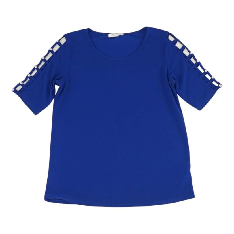 Blue Solid Short Sleeve Blouse Elegant Semi-Sheer Blouse