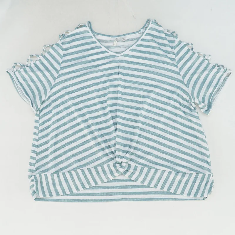 Blue Striped Short Sleeve Blouse Frilled Cuff Blouse
