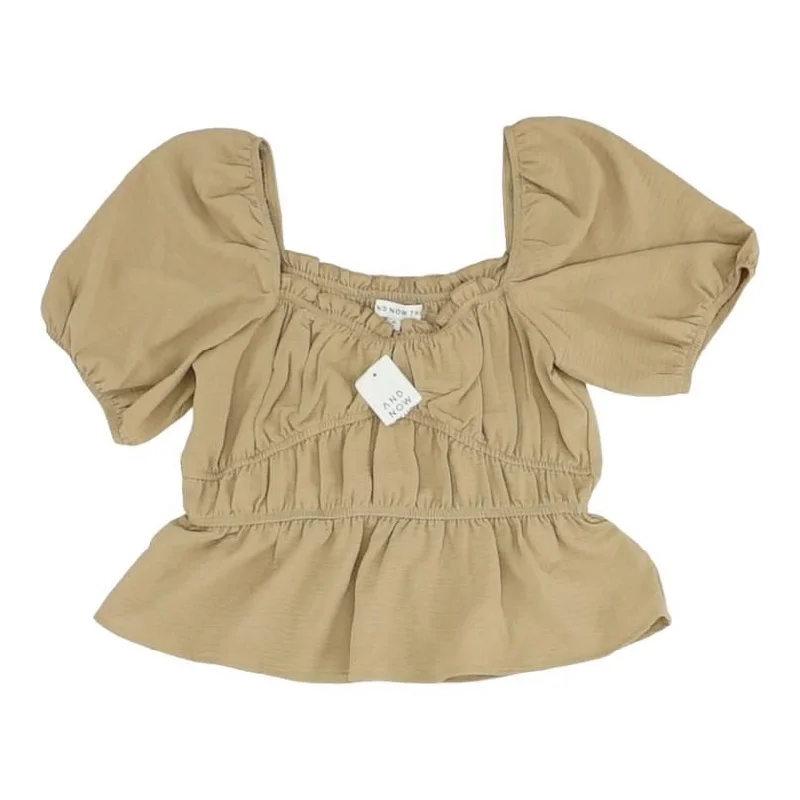 Brown Solid Short Sleeve Blouse Gathered Detail Blouse