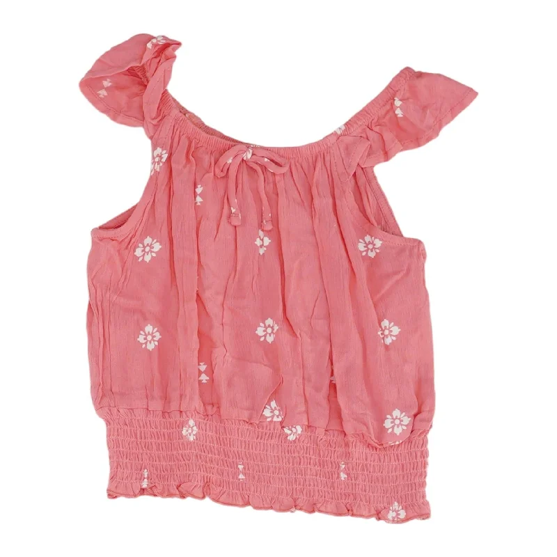 Coral Floral Sleeveless Blouse Frilled Cuff Blouse