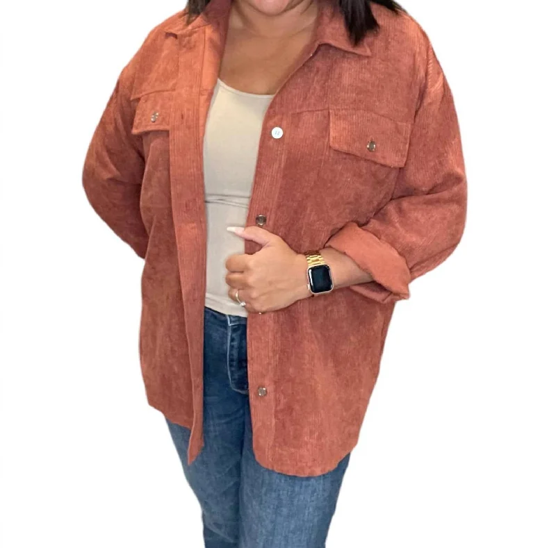 Corduroy Button Down Fall Shacket In Cinnamon Feminine Satin Blouse