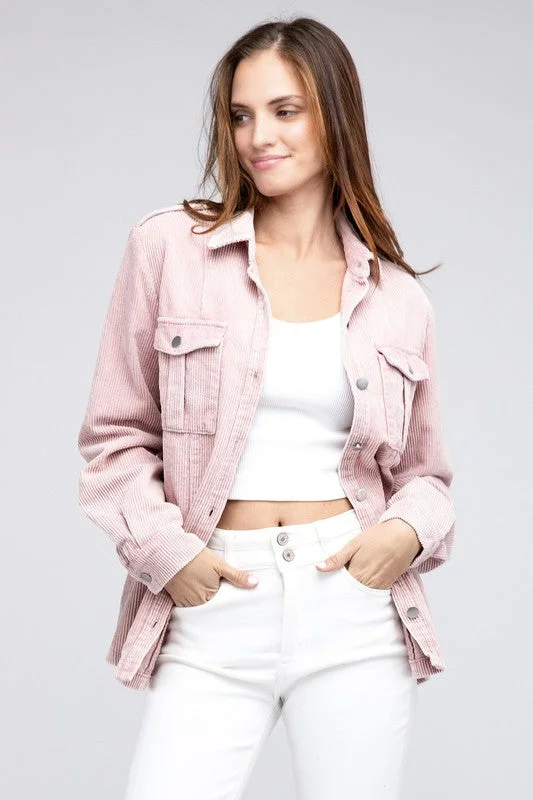 Chic Corduroy Buttoned Down Shacket Airy Cotton Blouse