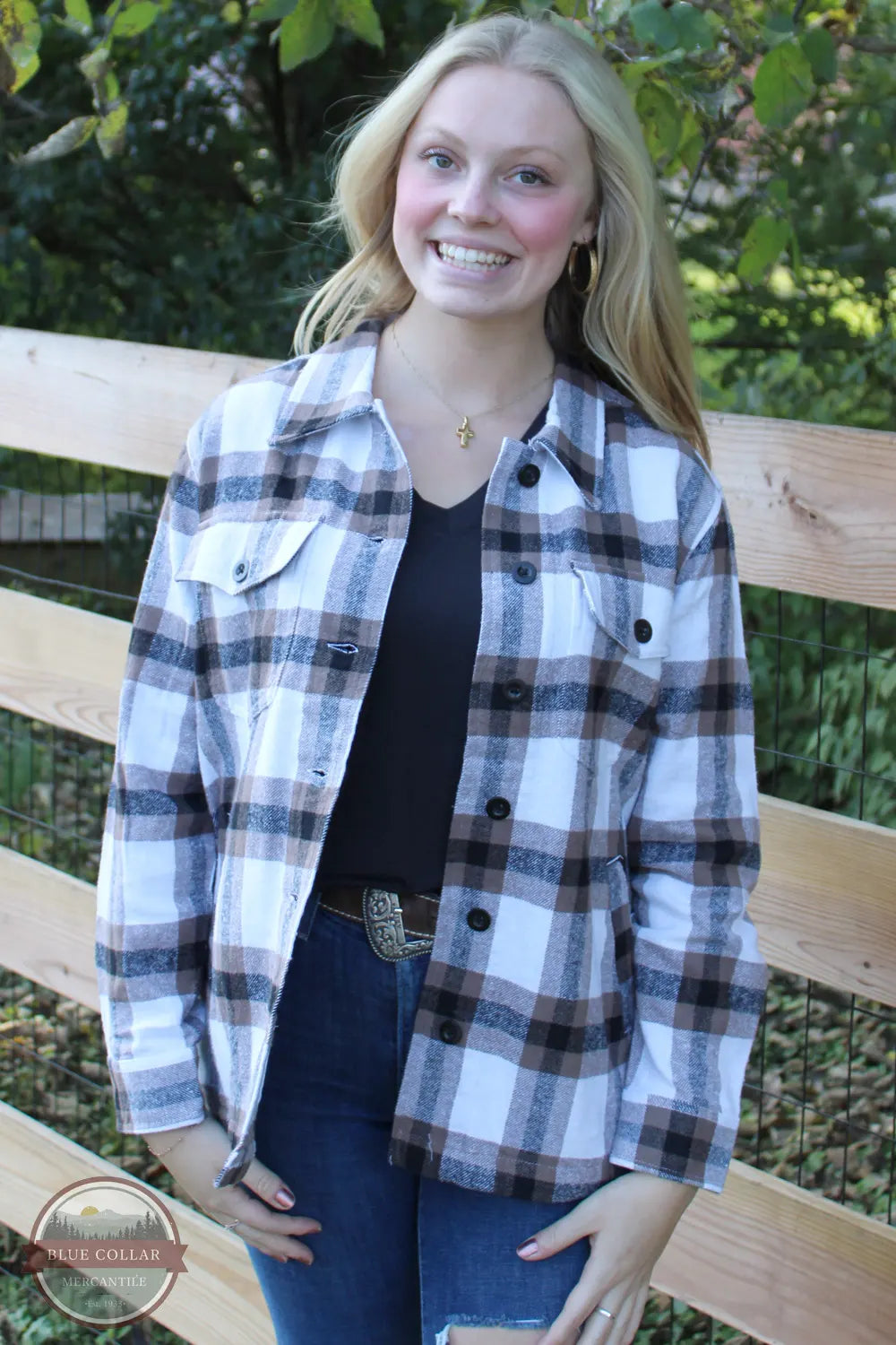 TD4068-S111 Plaid Cotton Shacket with Welt Pockets Feminine Puff Blouse