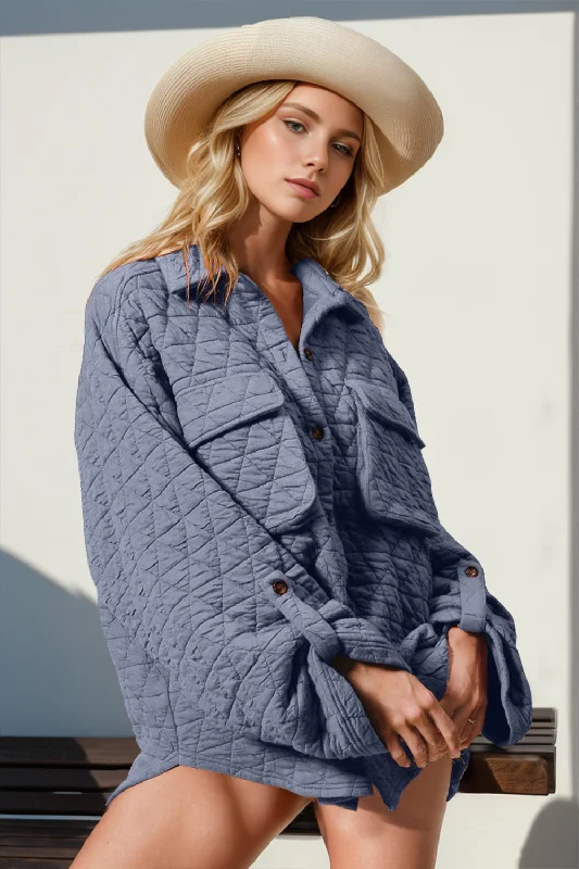 Button Up Quilted Shacket with Chest Pockets Delicate Pleat Blouse