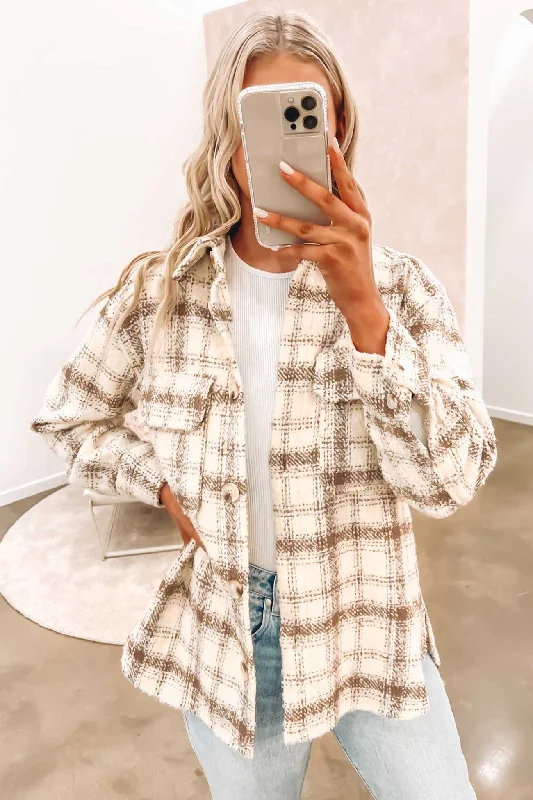 Ember Shacket Brown Cream Chic Off-Shoulder Blouse