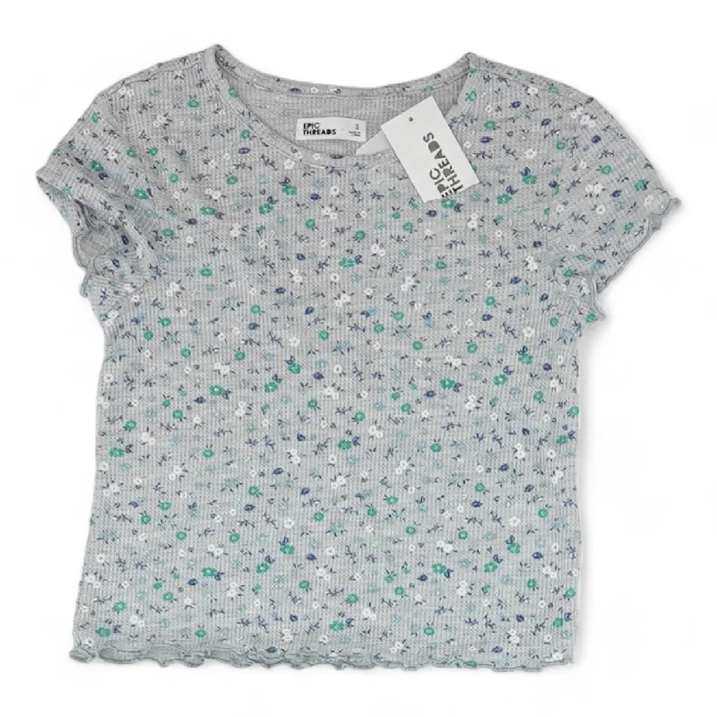 Gray Floral Short Sleeve Blouse Polished Work Blouse