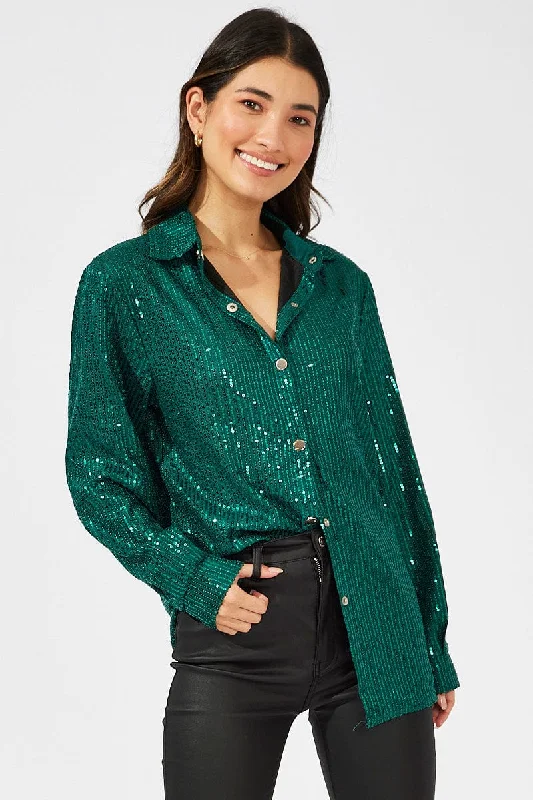 Green Shacket Long Sleeve Sequins Silky Draped Blouse