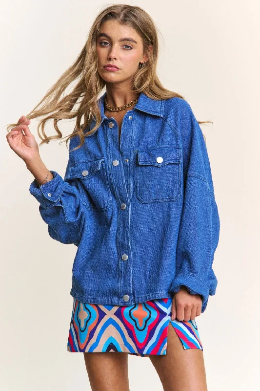 J.NNA Snap Down Long Sleeve Denim Shacket Airy Cotton Blouse