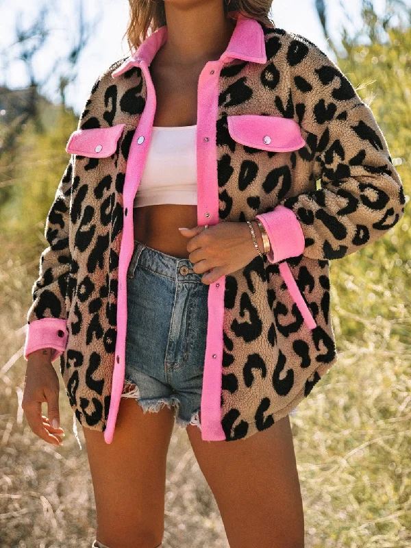 Leopard Print Contrast Teddy Shacket with Southern Belle Style Oversized Silk Blouse