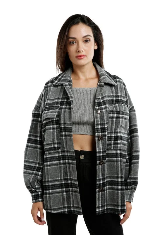 Long Sleeves Oversized Checkered Shacket Lightweight Chiffon Blouse