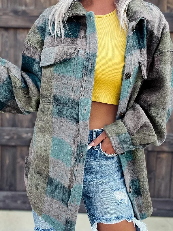 Plaid Multicolor Oversized Shacket with Button Details Mandarin Collar Blouse