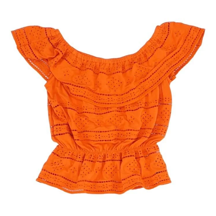 Orange Eyelet Short Sleeve Blouse Business Casual Blouse