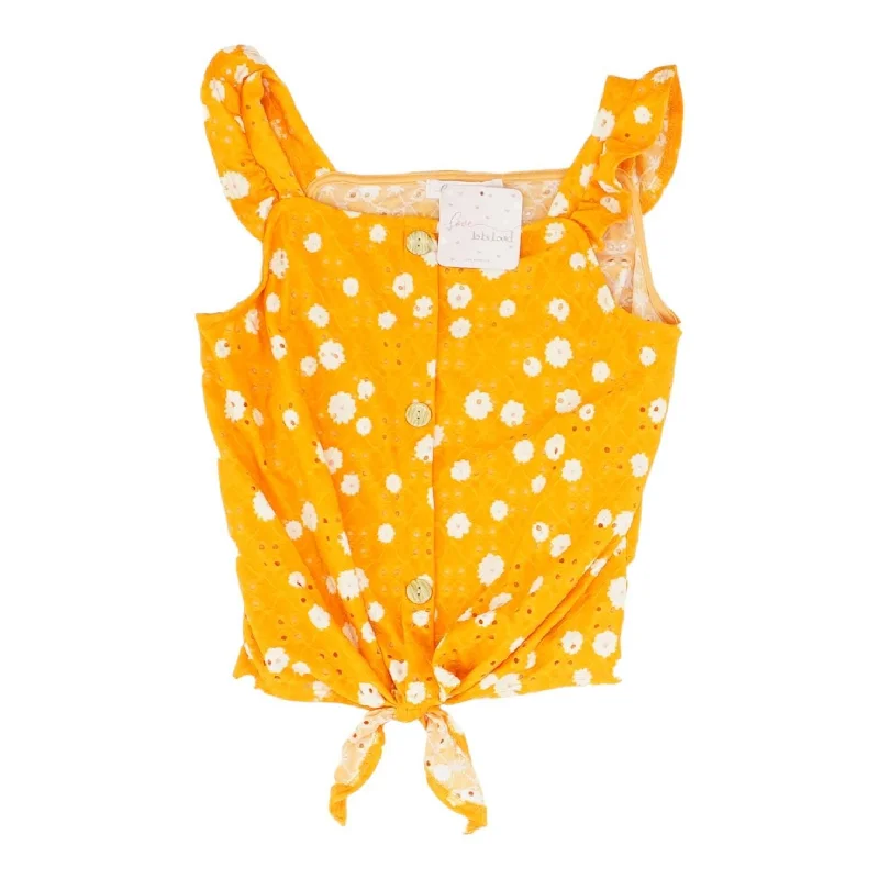Orange Floral Sleeveless Blouse Collared Satin Blouse