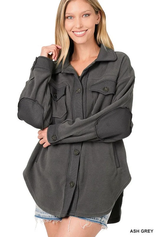 Oversized Basic Fleece Shacket Sheer Sleeve Blouse