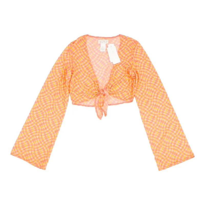 Pink Check Long Sleeve Blouse Off-Shoulder Wrap Blouse
