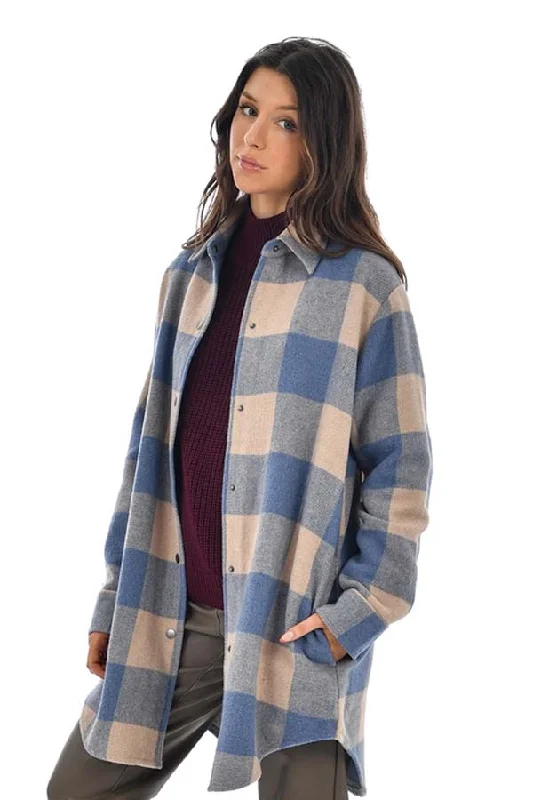 RD Style Sadie Snap Button Plaid Shacket Puff Sleeve Blouse
