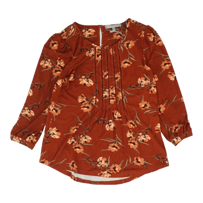 Rust Floral 3/4 Sleeve Blouse Pleated Collar Blouse