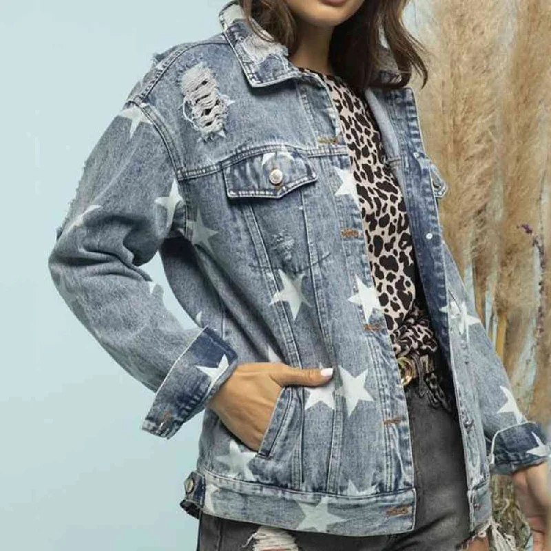 Star Distressed Denim Shacket Delicate Bow Blouse