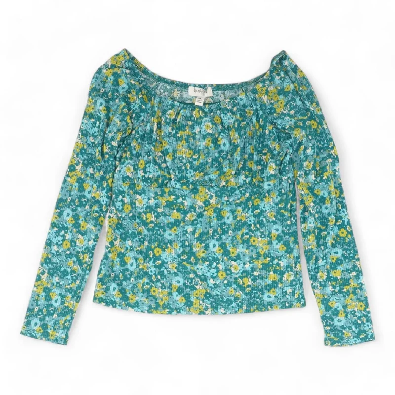 Teal Floral Long Sleeve Blouse Collared Satin Blouse