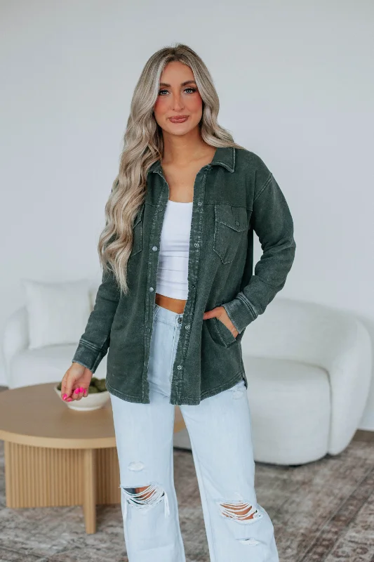 Venus Snap Shacket - Forest Feminine Ruffle Blouse
