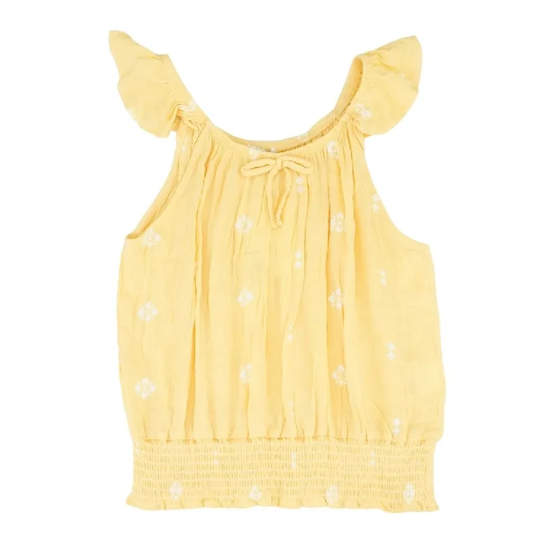 Yellow Graphic Sleeveless Blouse Textured Cotton Blouse