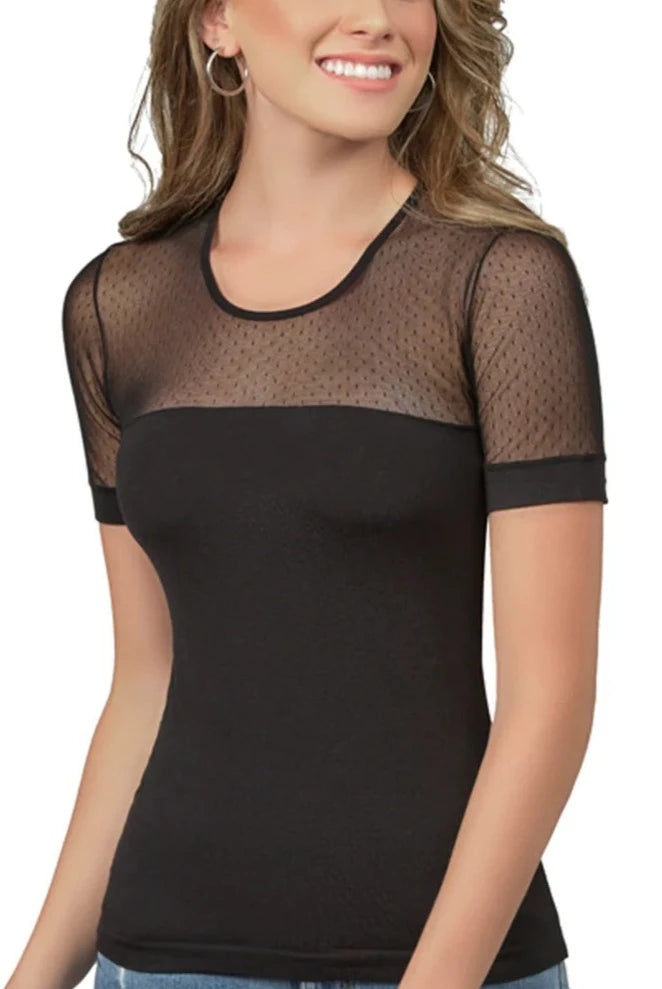 Casual Style T-Shirt - Sheer Shoulders and Arms Welt Pockets Slit Pockets