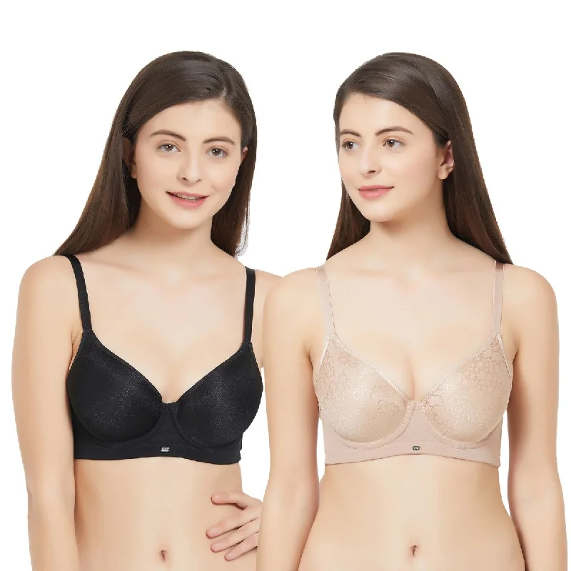 Medium coverage Padded Wired T-shirt bra (PACK OF 2) CB-127 Mesh Blend Leather Blend Suede Blend
